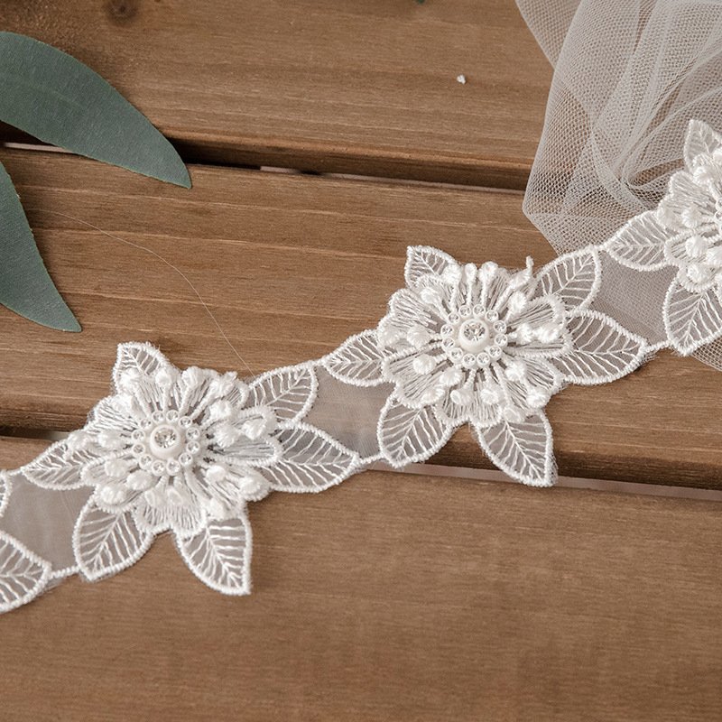 White double layer diamond handmade floral embroidery lace accessories Organza Lace Trim