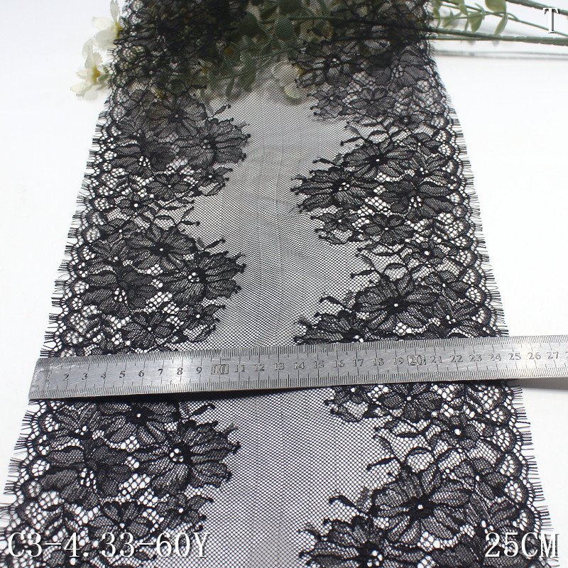 25cm black flower chantilly style French lace trim for clothing accessories soft eyelash dress lace fabric