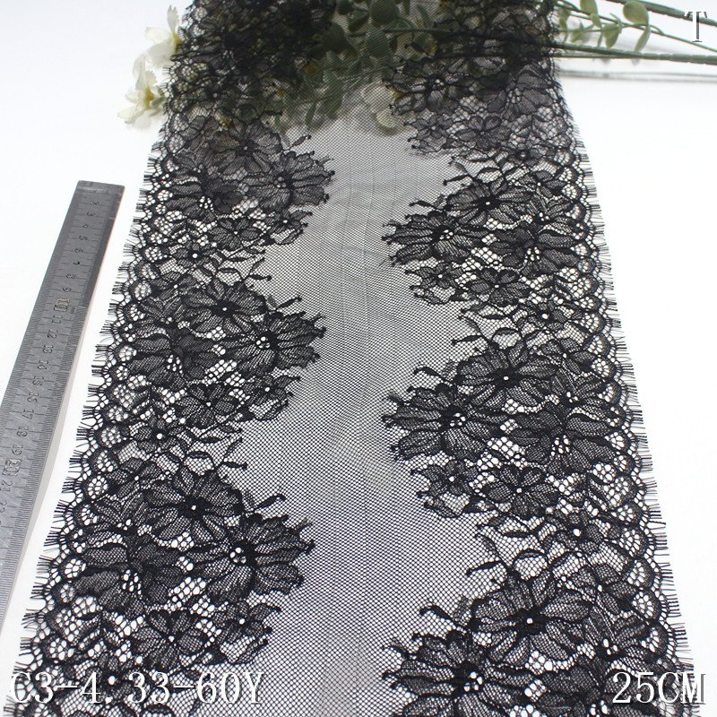 25cm black flower chantilly style French lace trim for clothing accessories soft eyelash dress lace fabric