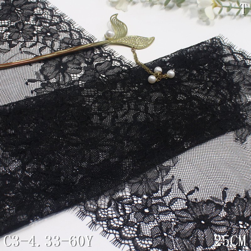 25cm black flower chantilly style French lace trim for clothing accessories soft eyelash dress lace fabric