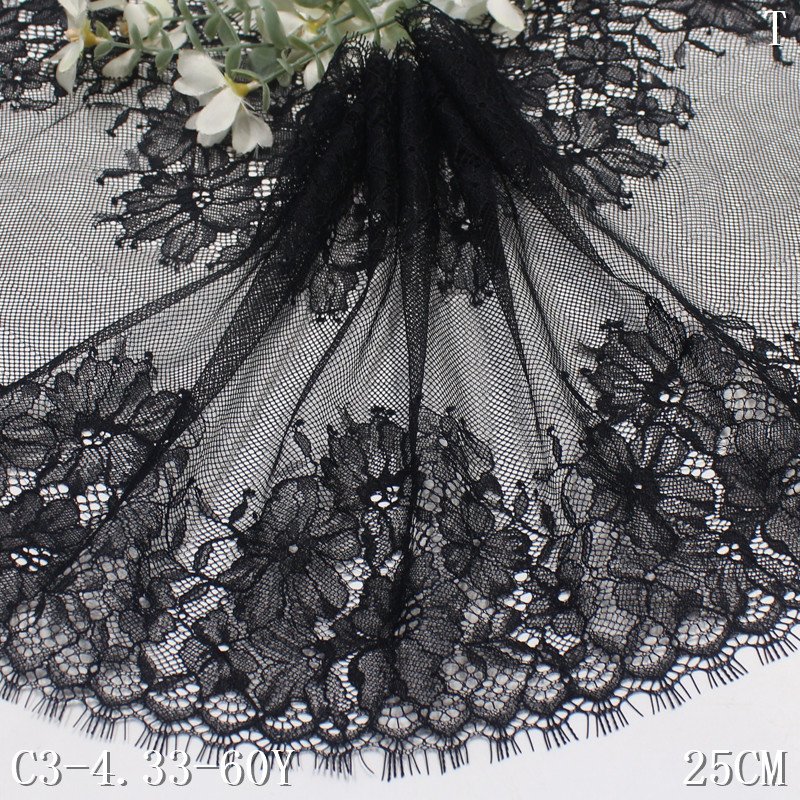 25cm black flower chantilly style French lace trim for clothing accessories soft eyelash dress lace fabric