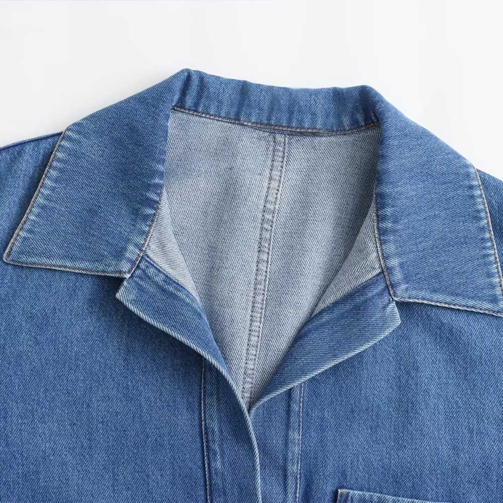 PB&ZA Women 2024 spring New Fashion Pocket trim denim Blouses Vintage Long Sleeve Female Shirts Blusas Chic Tops