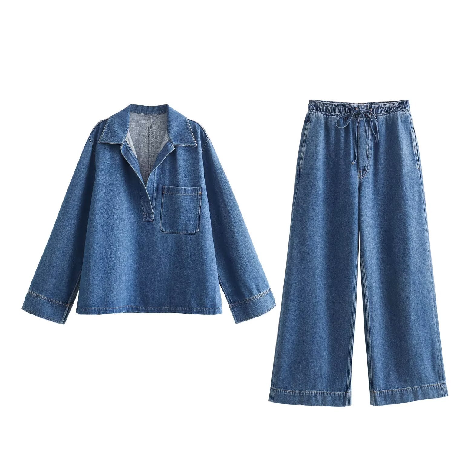 PB&ZA Women 2024 spring New Fashion Pocket trim denim Blouses Vintage Long Sleeve Female Shirts Blusas Chic Tops