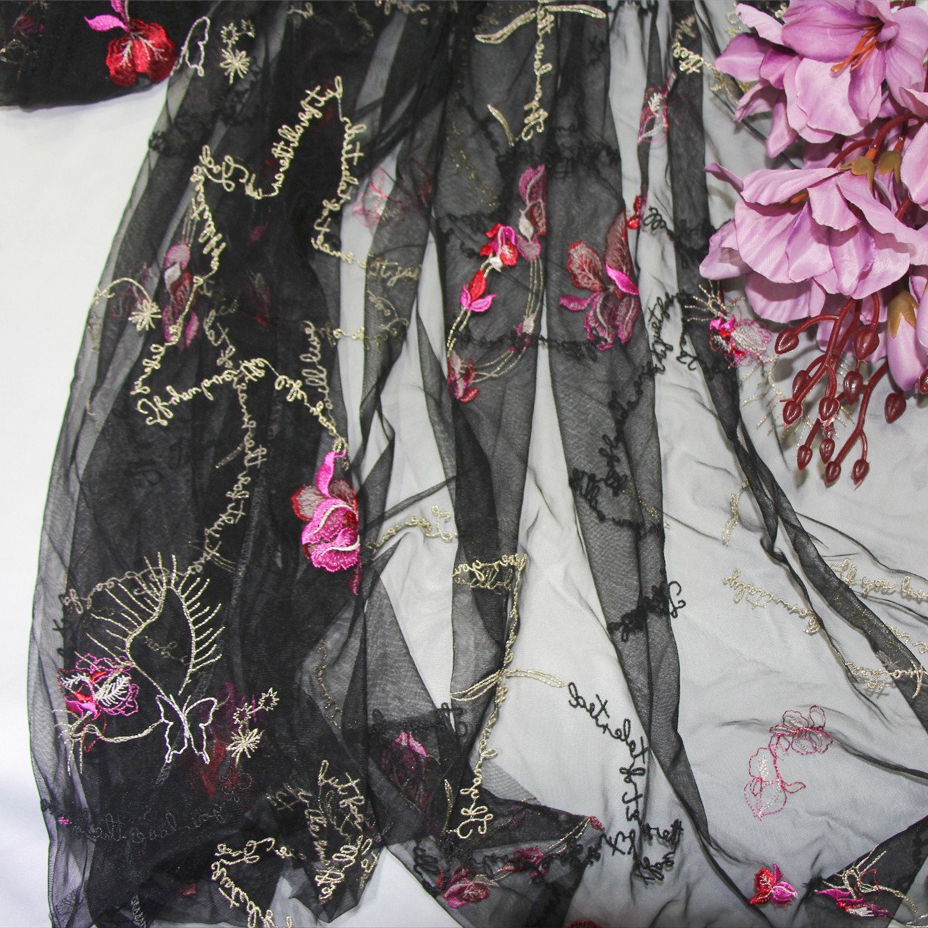 Latest OEM 3D Embroidery Net Lace Colorful Flower Tulle Lace Trim Black Black Mesh Lace Fabrics For Dress Garment Party