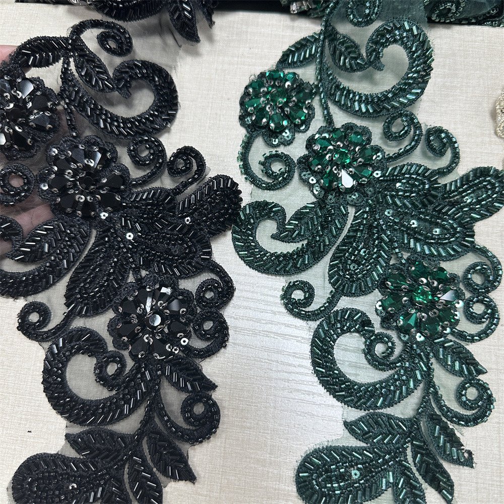 Handmade 3d embroidery Rhinestone sequin patches ace trim for wedding