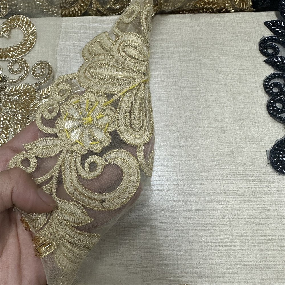 Handmade 3d embroidery Rhinestone sequin patches ace trim for wedding