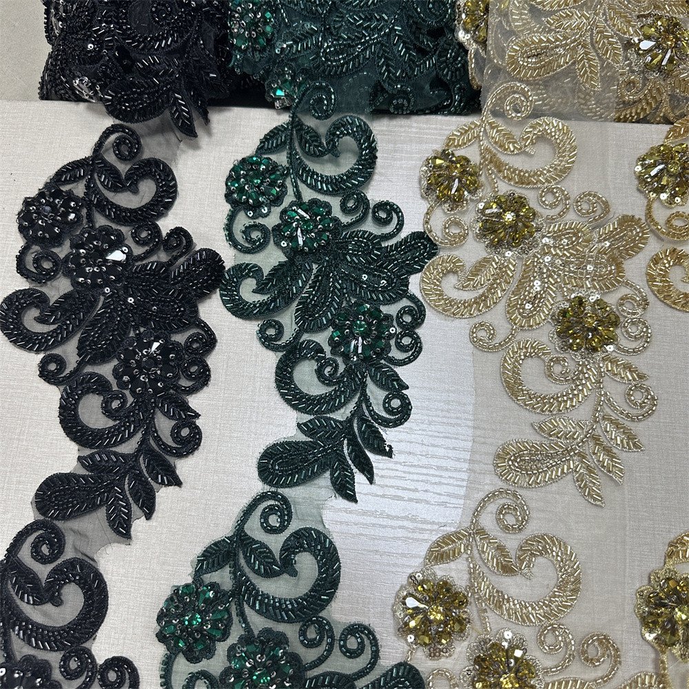 Handmade 3d embroidery Rhinestone sequin patches ace trim for wedding