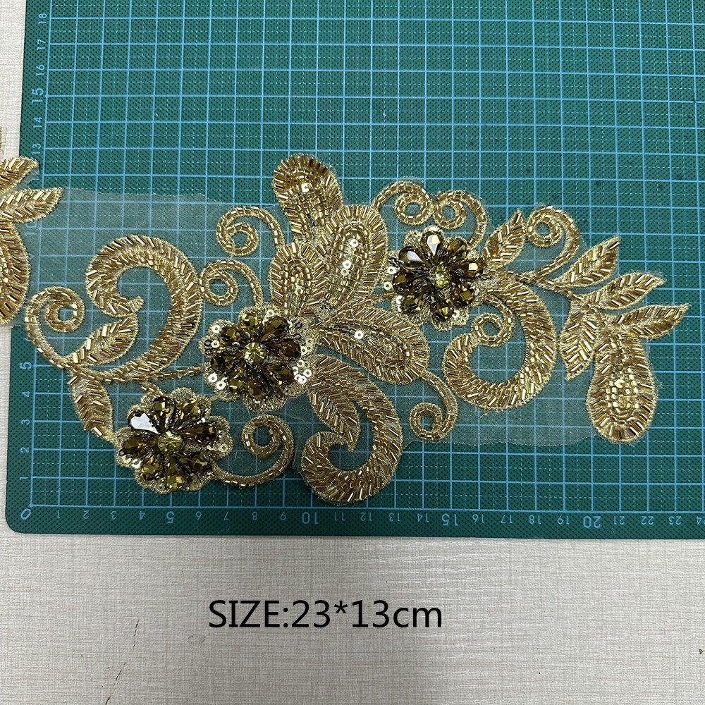 Handmade 3d embroidery Rhinestone sequin patches ace trim for wedding