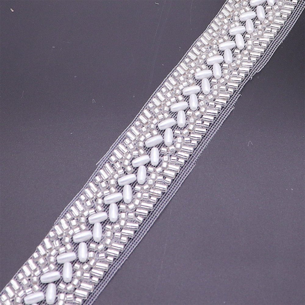 Wholesale Beaded Applique Lace Trim Mesh Machine Embroidery Lace Trim With Pearls