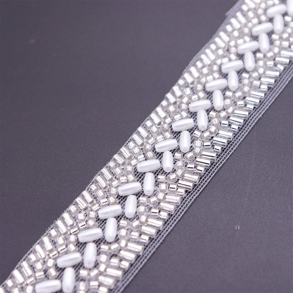 Wholesale Beaded Applique Lace Trim Mesh Machine Embroidery Lace Trim With Pearls