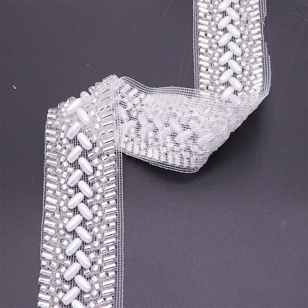 Wholesale Beaded Applique Lace Trim Mesh Machine Embroidery Lace Trim With Pearls