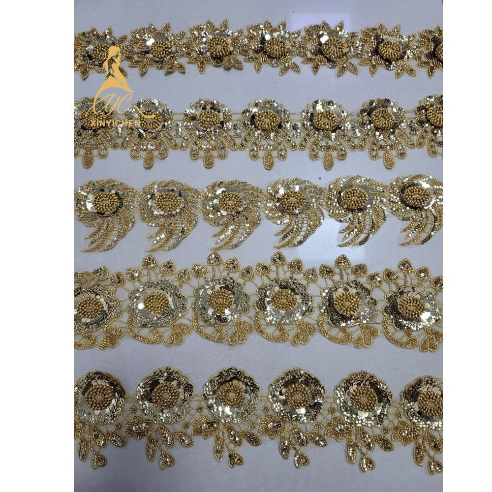 Multi Patterns Polyester 3D Embroidery Beaded Sequined Lace Trim Flower Lace Trim Gold Bead Trim
