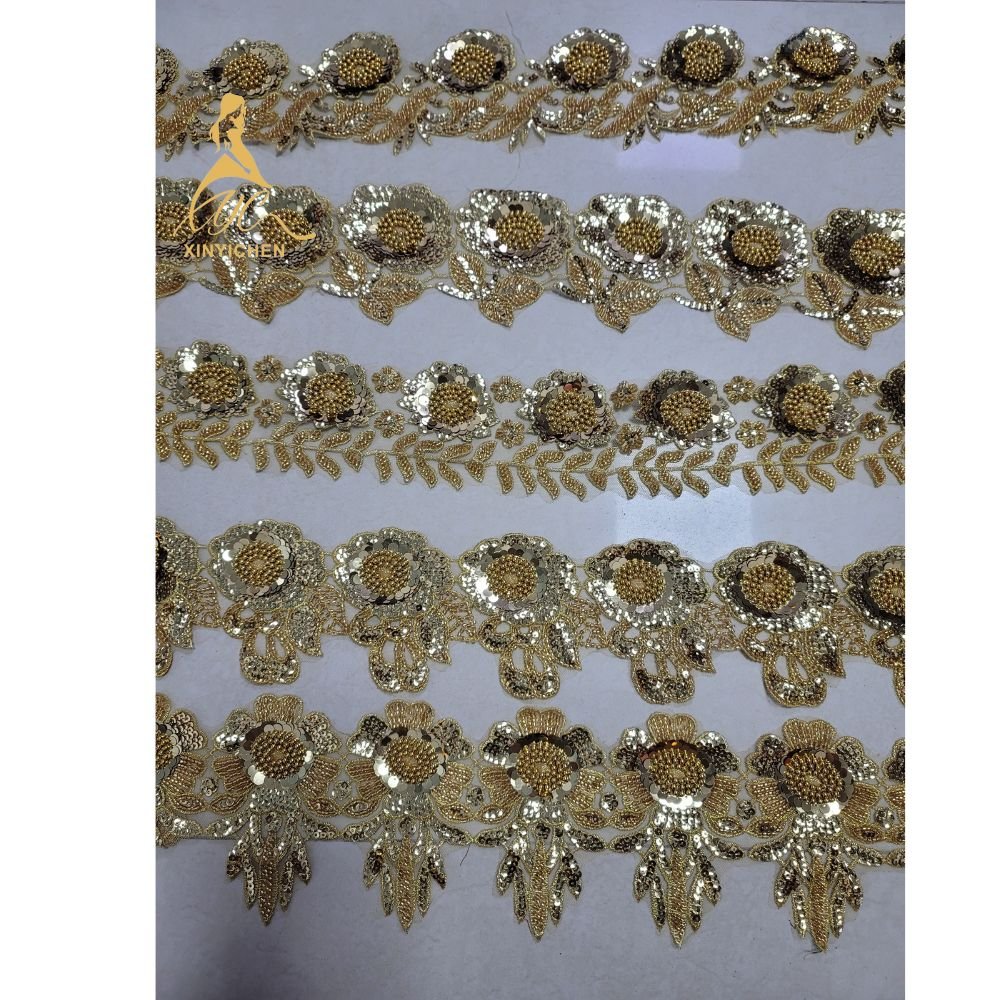 Multi Patterns Polyester 3D Embroidery Beaded Sequined Lace Trim Flower Lace Trim Gold Bead Trim