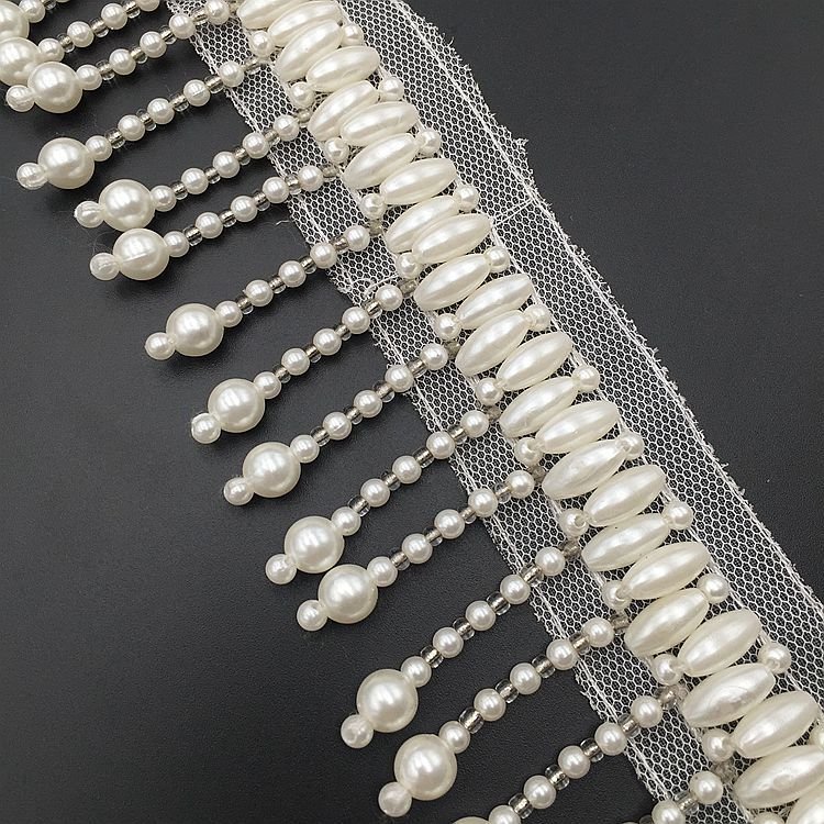Polyester pearl beaded lace white plastic pearl beads decoration Embroidery pearl lace