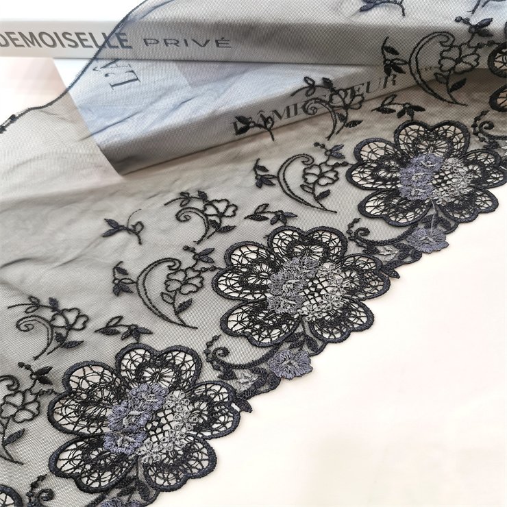 High Quality Fashion 18cm wide Embroidered Flower Black mesh Lace trim for women lingerie underwear