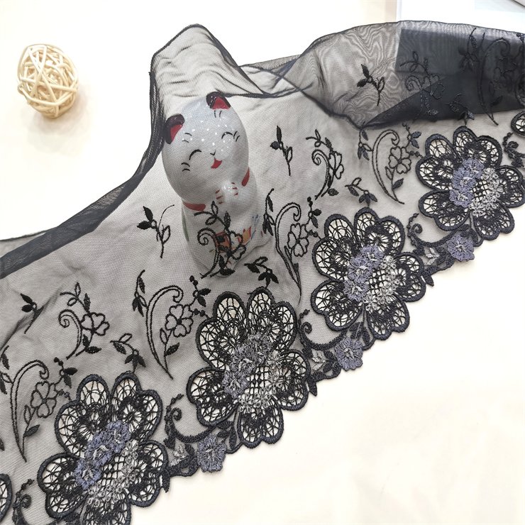 High Quality Fashion 18cm wide Embroidered Flower Black mesh Lace trim for women lingerie underwear