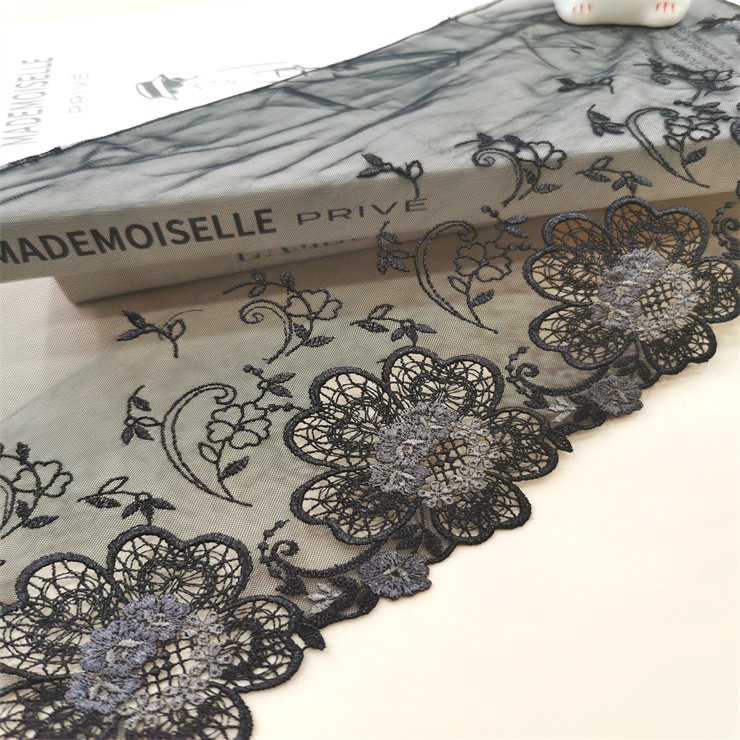 High Quality Fashion 18cm wide Embroidered Flower Black mesh Lace trim for women lingerie underwear