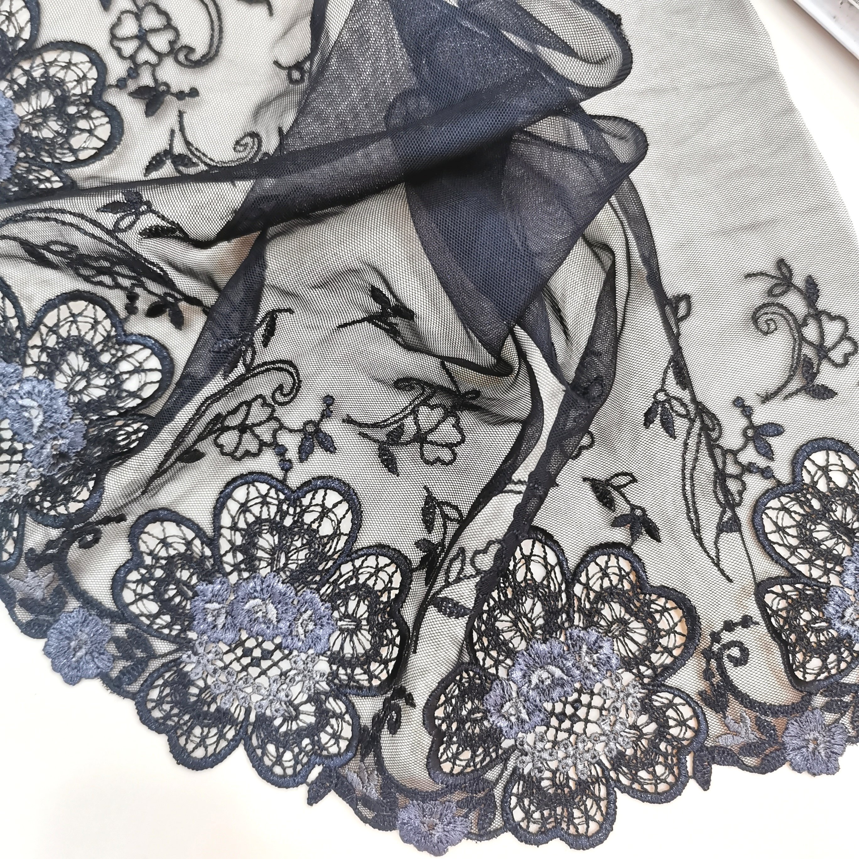 High Quality Fashion 18cm wide Embroidered Flower Black mesh Lace trim for women lingerie underwear