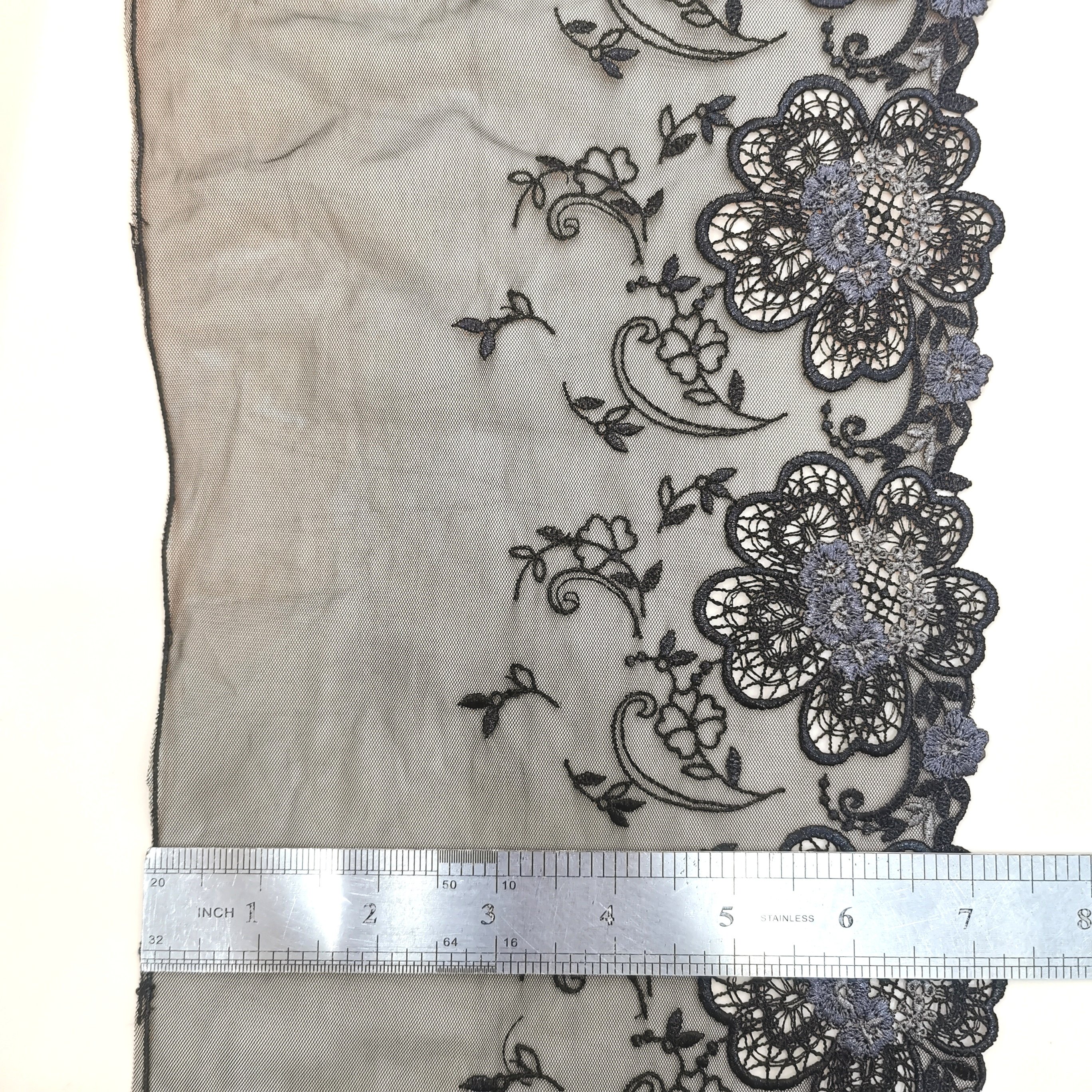 High Quality Fashion 18cm wide Embroidered Flower Black mesh Lace trim for women lingerie underwear