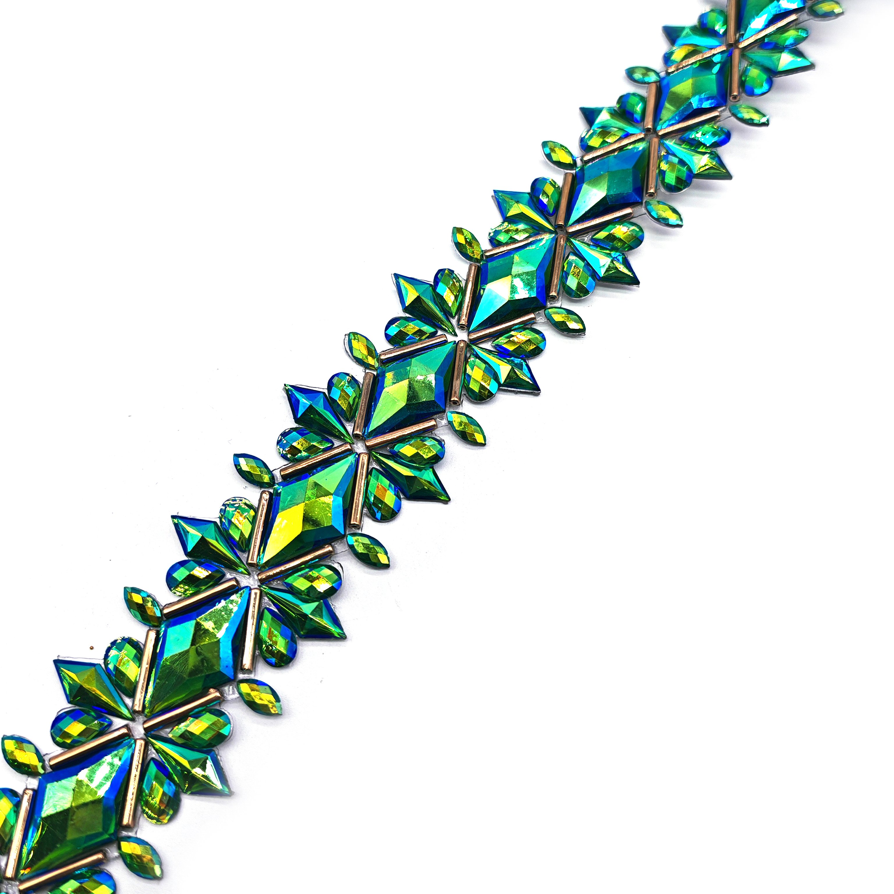 Customized Carnival Costume Decoration Supplier Green AB Iron on Resin Gem Trimming Hot Fix Rhinestone Chain for Carnival Dress