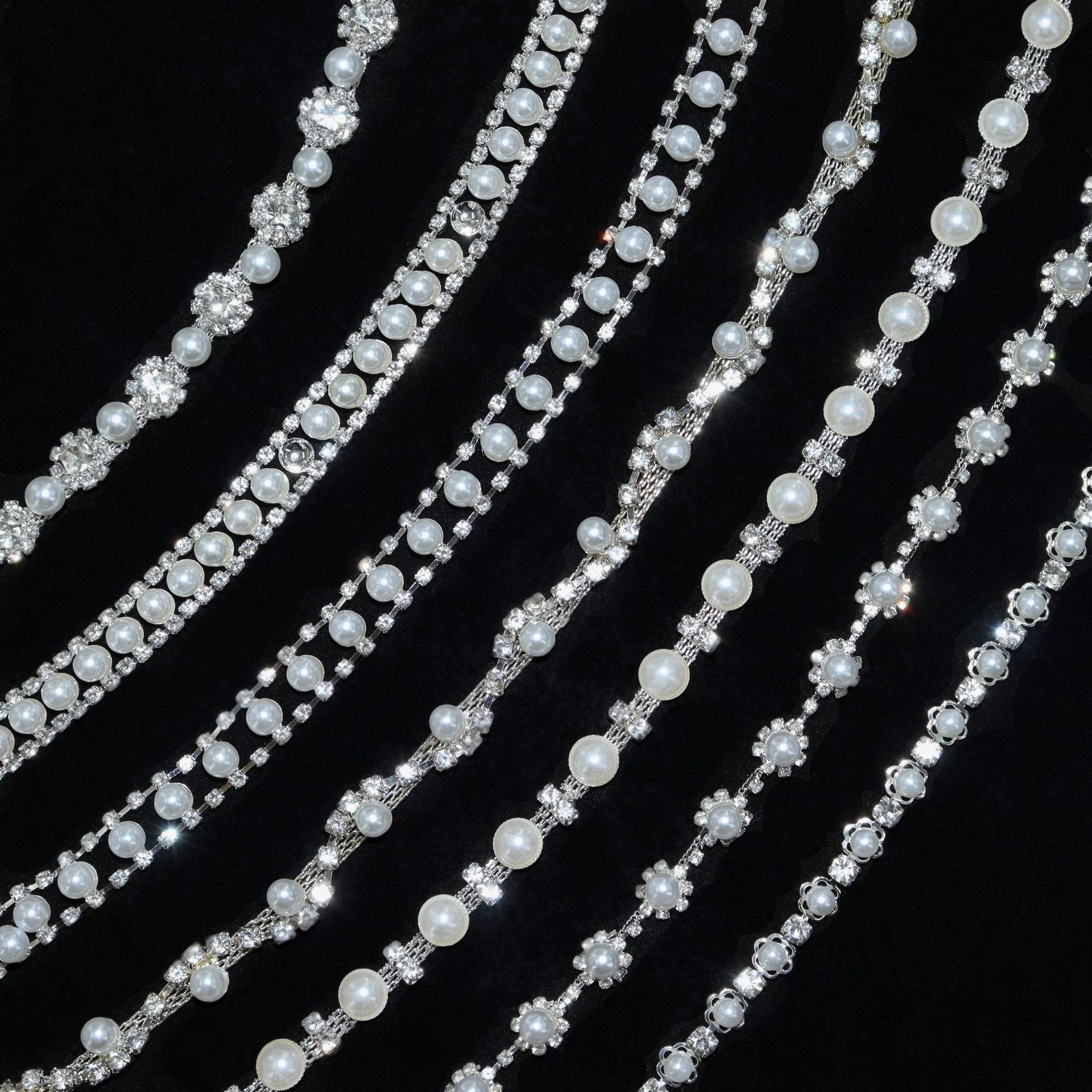 Crystal Rhinestone Pearl Beads Chain Metal Flat Back Transparent Fringe Rhinestones Chain Trim for garment bag shoes