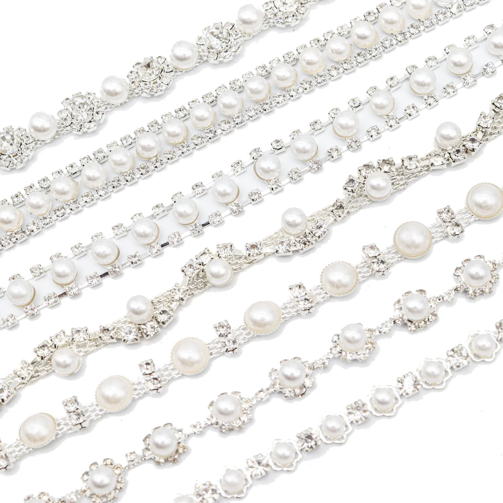 Crystal Rhinestone Pearl Beads Chain Metal Flat Back Transparent Fringe Rhinestones Chain Trim for garment bag shoes