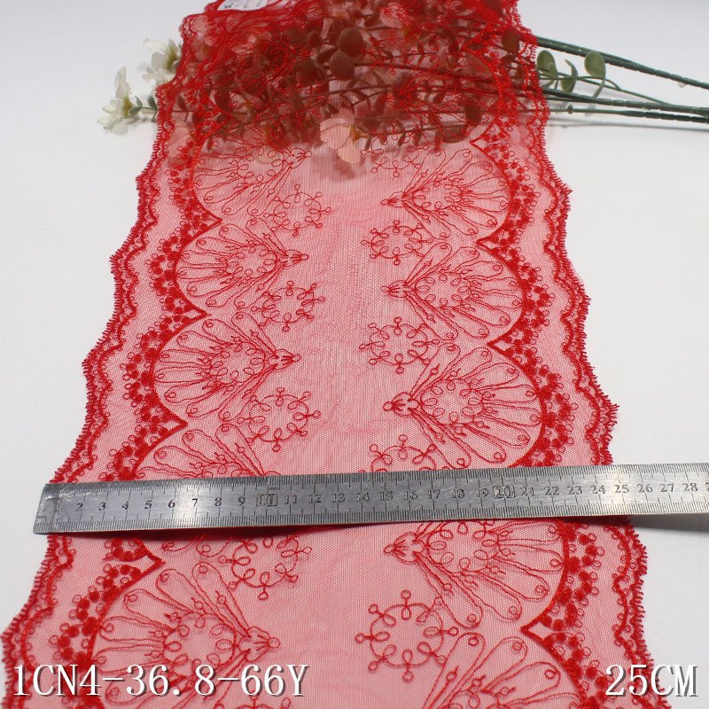 2024 textile accessories 25cm Red Flower Lace Embroidery Lace Trim Tulle Lace Fabric for women clothing underwear wholesale