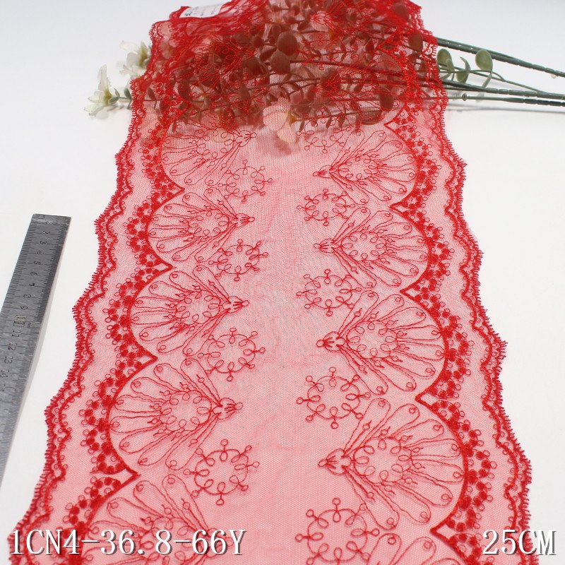 2024 textile accessories 25cm Red Flower Lace Embroidery Lace Trim Tulle Lace Fabric for women clothing underwear wholesale