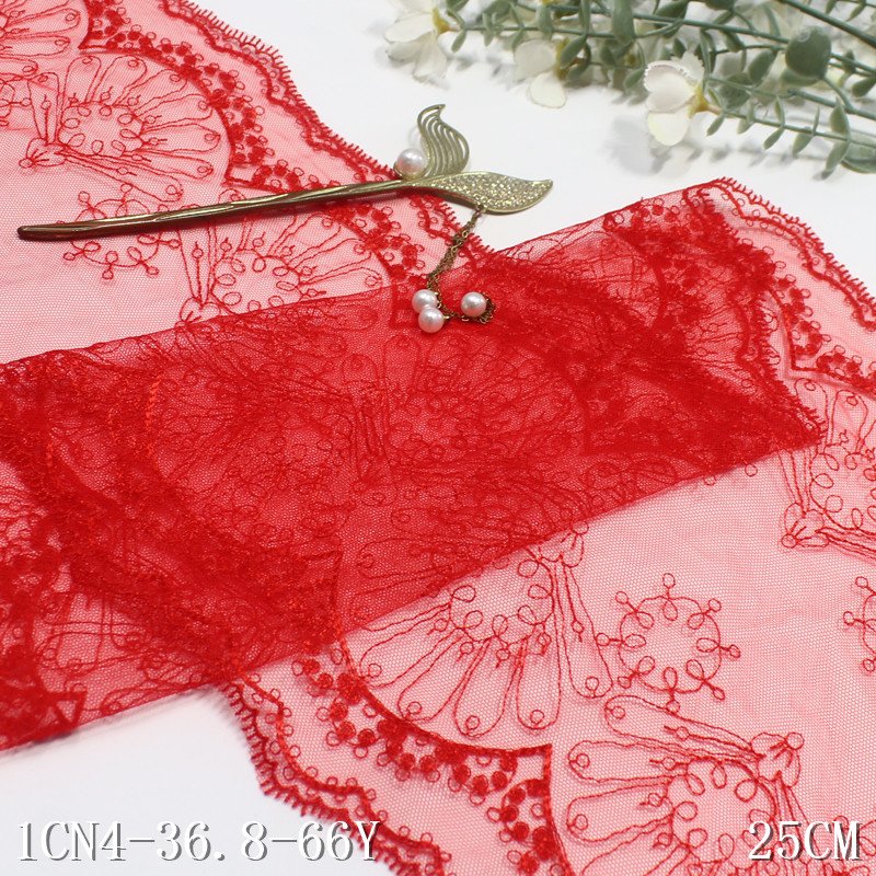 2024 textile accessories 25cm Red Flower Lace Embroidery Lace Trim Tulle Lace Fabric for women clothing underwear wholesale
