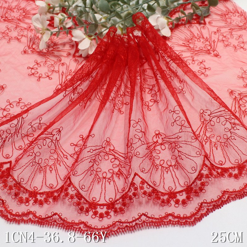 2024 textile accessories 25cm Red Flower Lace Embroidery Lace Trim Tulle Lace Fabric for women clothing underwear wholesale