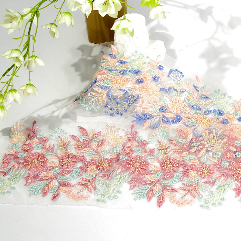 New design colourful custom heavy beaded border lace trimming