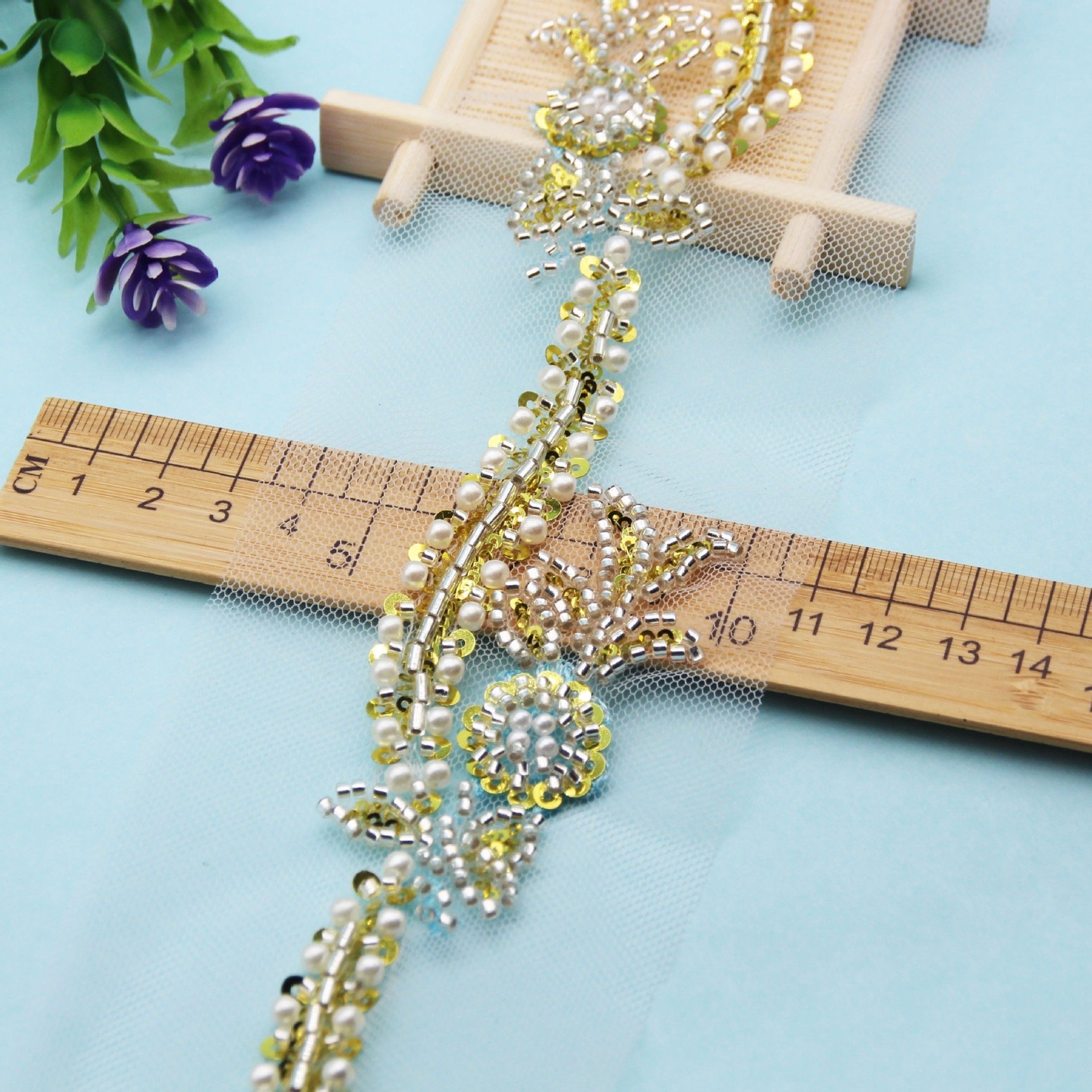 Handmade Gold Beaded Sequin Flowers Lace Trims Corrugated Embroidery Glass Beads DIY Fashion Garments Wedding Ribbons Premium