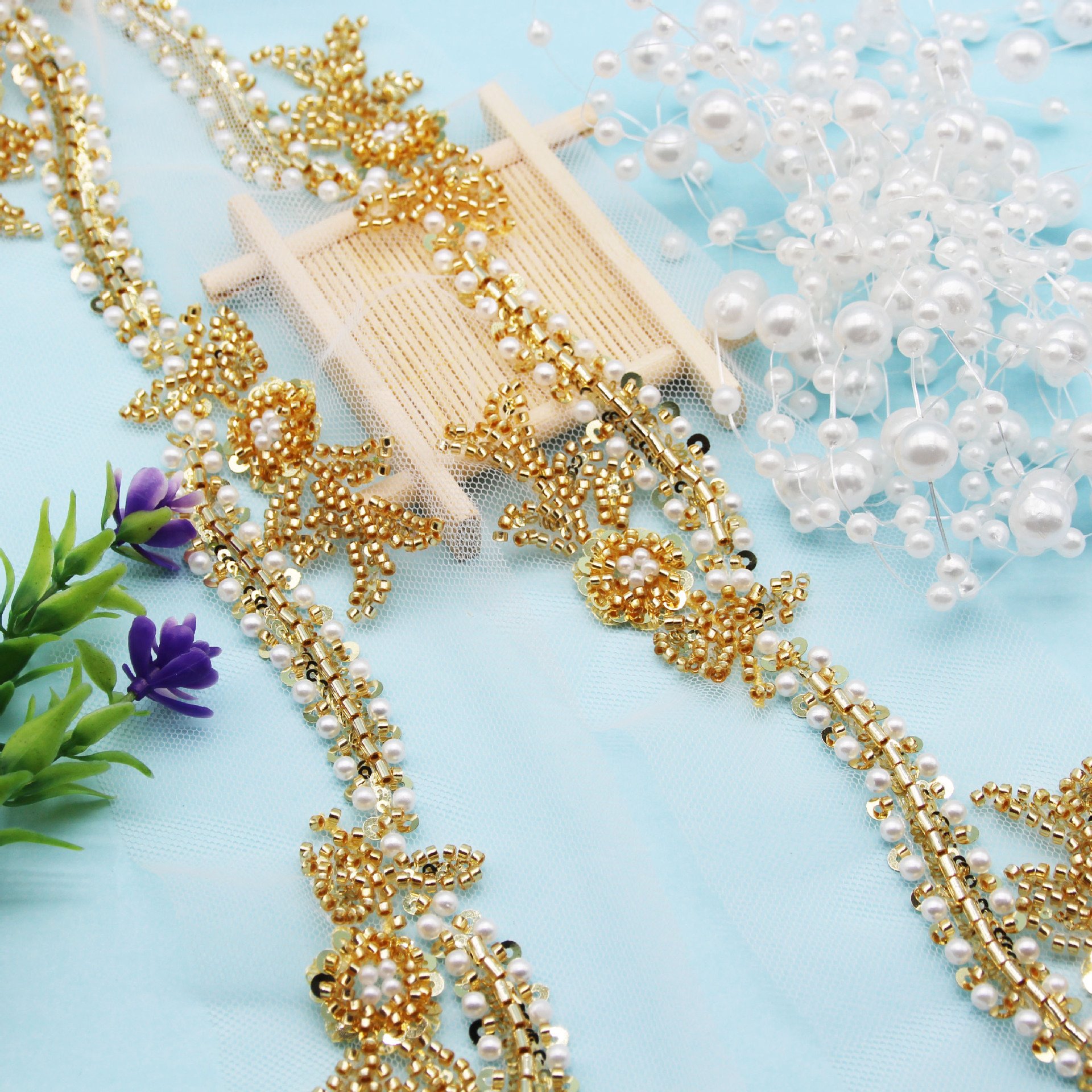 Handmade Gold Beaded Sequin Flowers Lace Trims Corrugated Embroidery Glass Beads DIY Fashion Garments Wedding Ribbons Premium