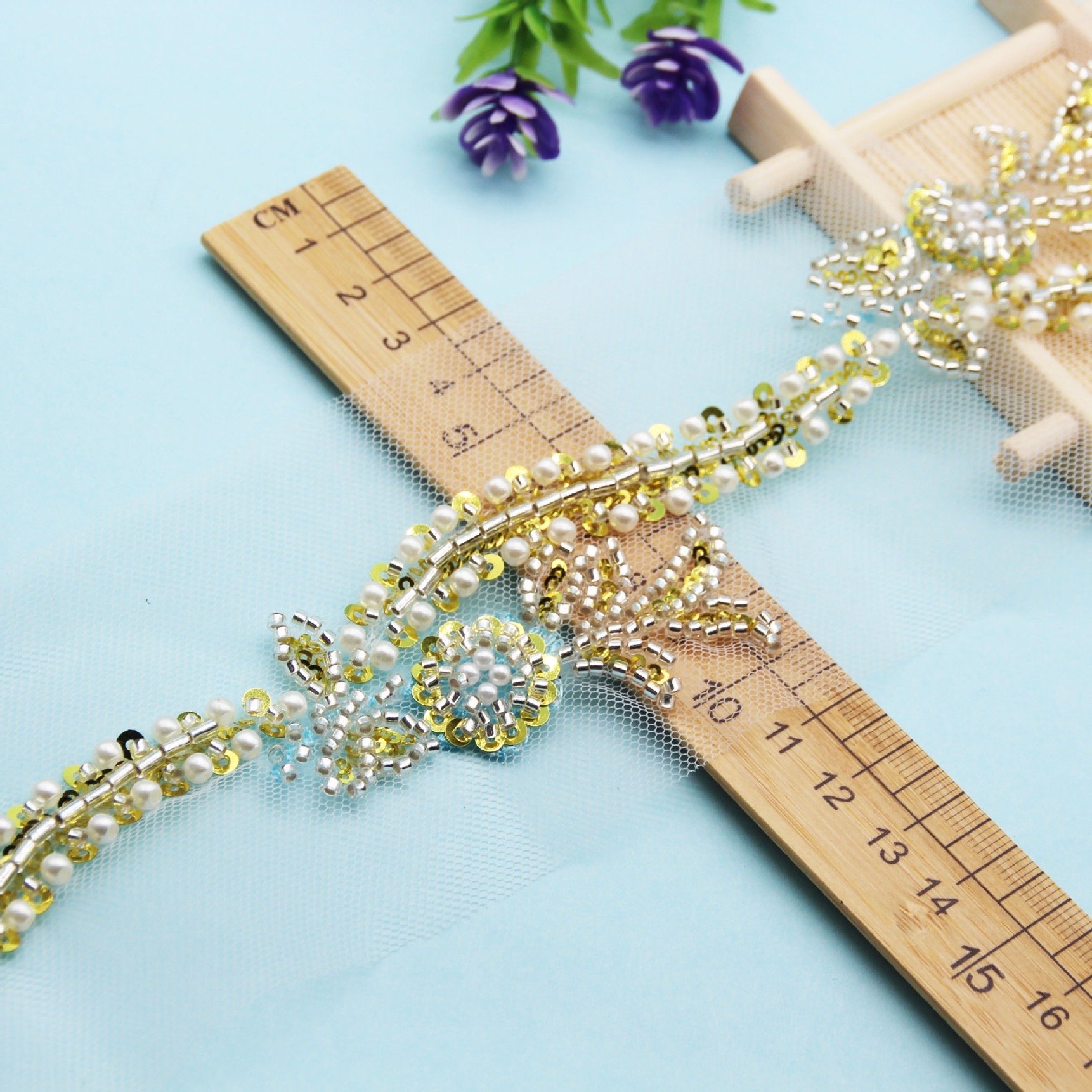 Handmade Gold Beaded Sequin Flowers Lace Trims Corrugated Embroidery Glass Beads DIY Fashion Garments Wedding Ribbons Premium
