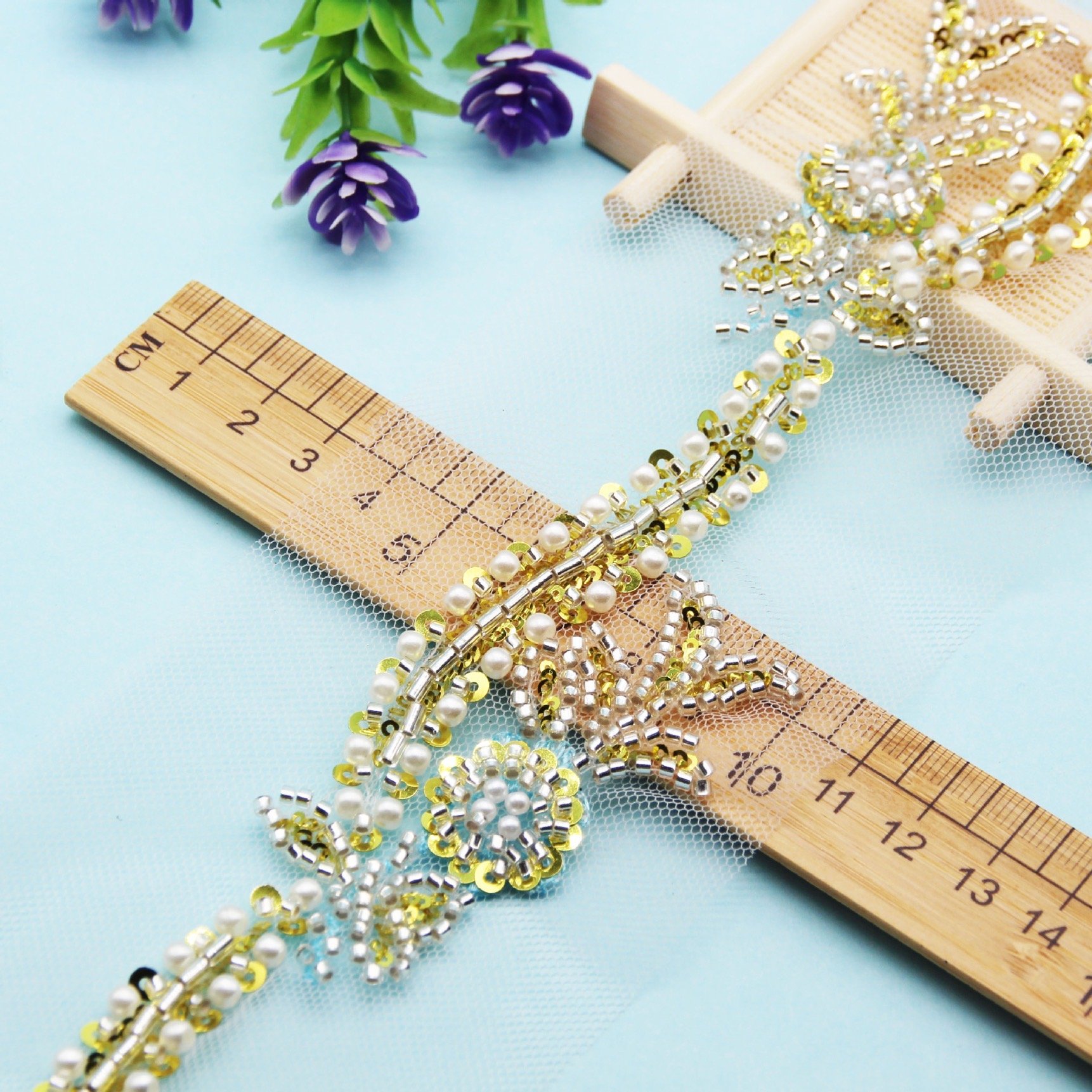 Handmade Gold Beaded Sequin Flowers Lace Trims Corrugated Embroidery Glass Beads DIY Fashion Garments Wedding Ribbons Premium