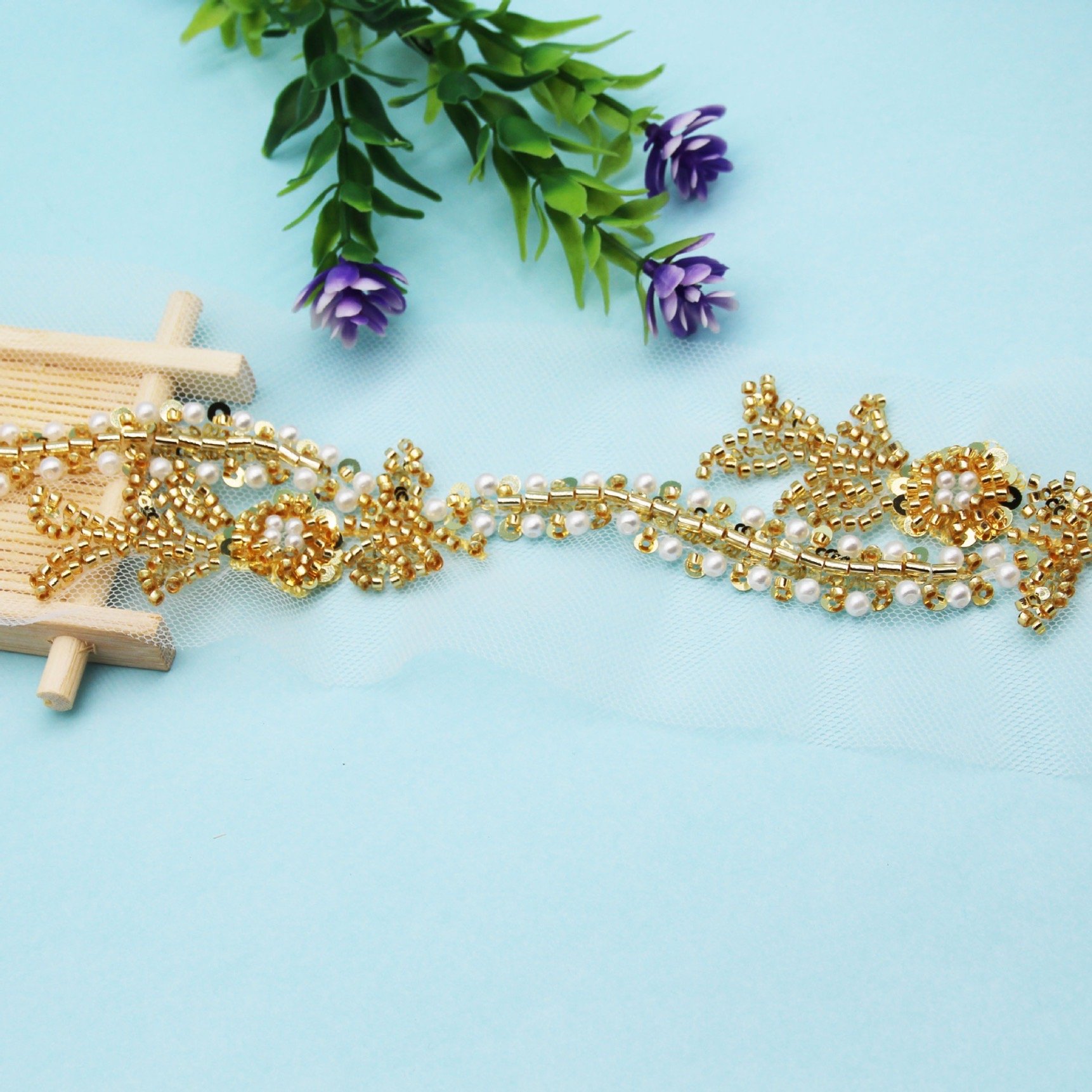Handmade Gold Beaded Sequin Flowers Lace Trims Corrugated Embroidery Glass Beads DIY Fashion Garments Wedding Ribbons Premium