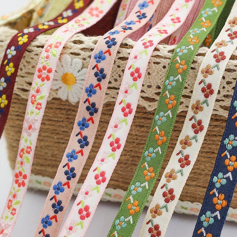 Polyester 10 MM Jacquard Floral Ribbon Ethnic Trim for Decoration Crafts Custom Tribal Narrow Woven Jacquard tape