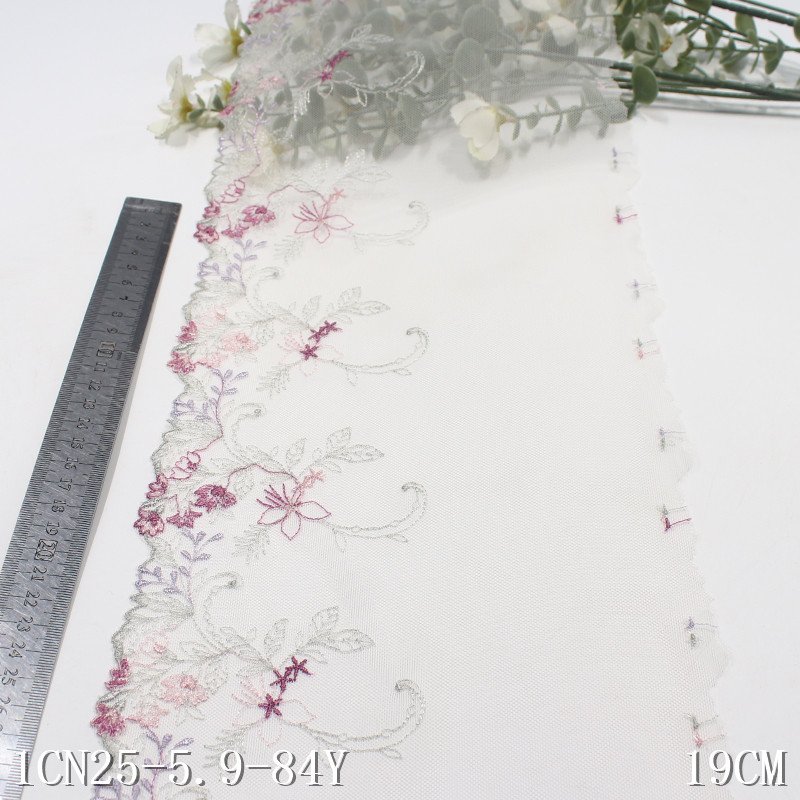 China Factory Embroidery Coloful Flower Lace Trim 19cm white Mesh embroidered Lace Fabrics For Evening Dress