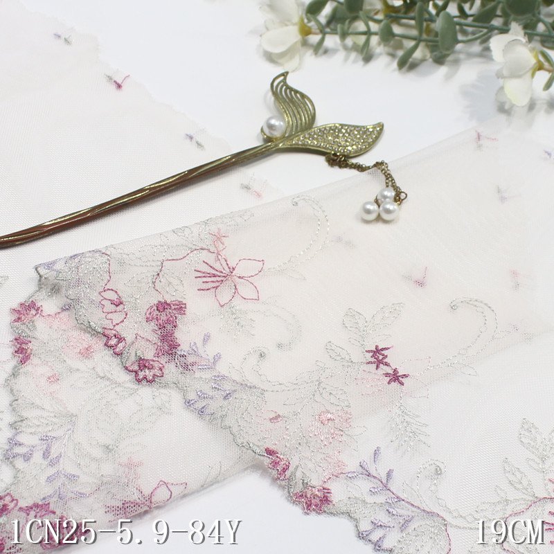 China Factory Embroidery Coloful Flower Lace Trim 19cm white Mesh embroidered Lace Fabrics For Evening Dress