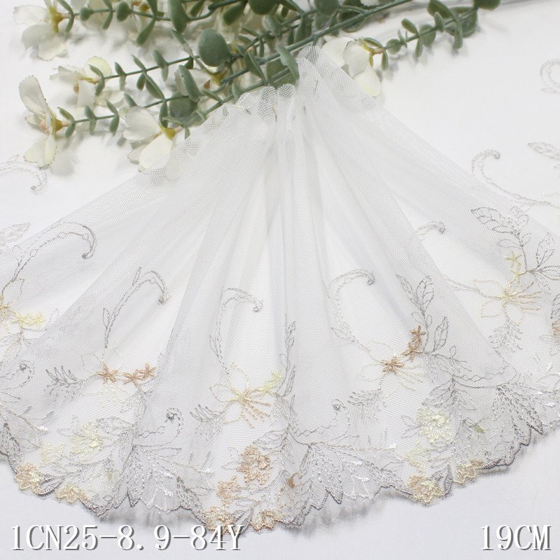China Factory Embroidery Coloful Flower Lace Trim 19cm white Mesh embroidered Lace Fabrics For Evening Dress