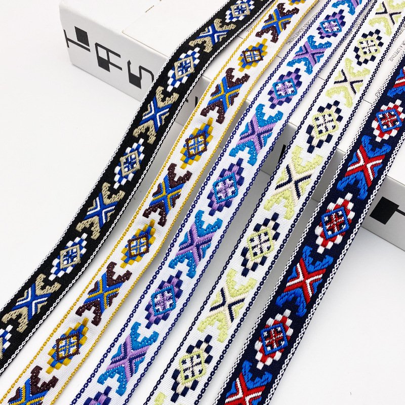 Custom Heavy Duty Polyester Webbing Strap Jacquard Ethnic Ribbon Trim For Outdoor Belt Handle Strap