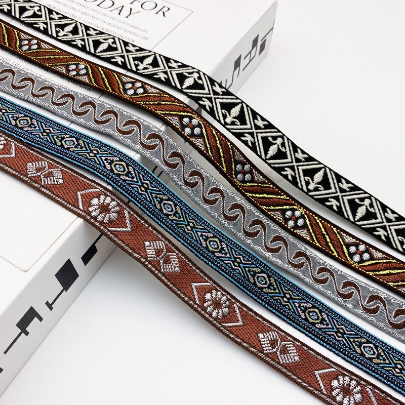 Custom Heavy Duty Polyester Webbing Strap Jacquard Ethnic Ribbon Trim For Outdoor Belt Handle Strap