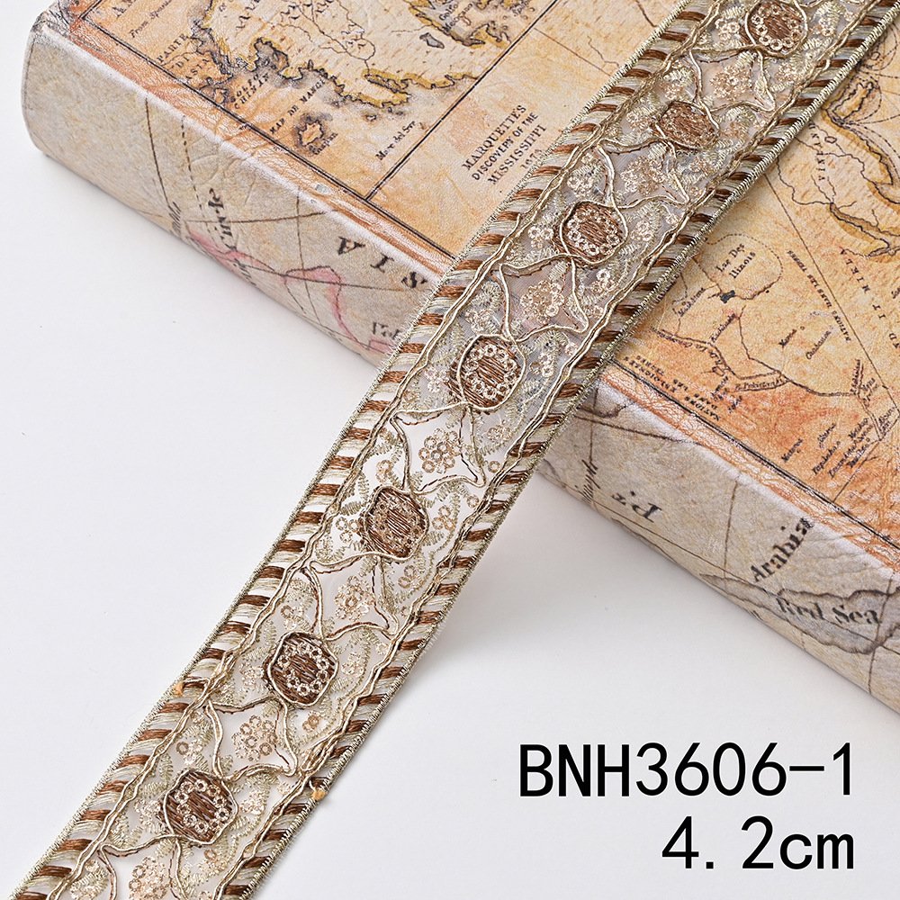 Luxury National Style Fabric Embroidery Gold Lace Organza Ribbon For Trimming Wedding