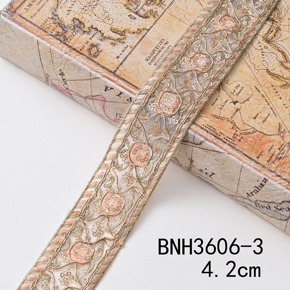Luxury National Style Fabric Embroidery Gold Lace Organza Ribbon For Trimming Wedding