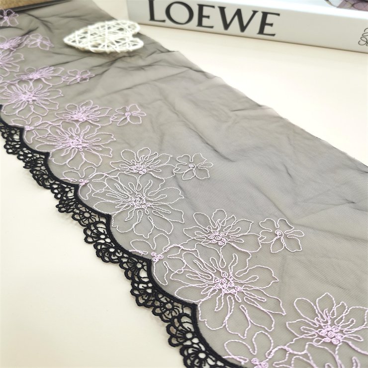 High Quality Fashion 21cm wide Embroidered Flower Black mesh Lace trim for women lingerie underwear