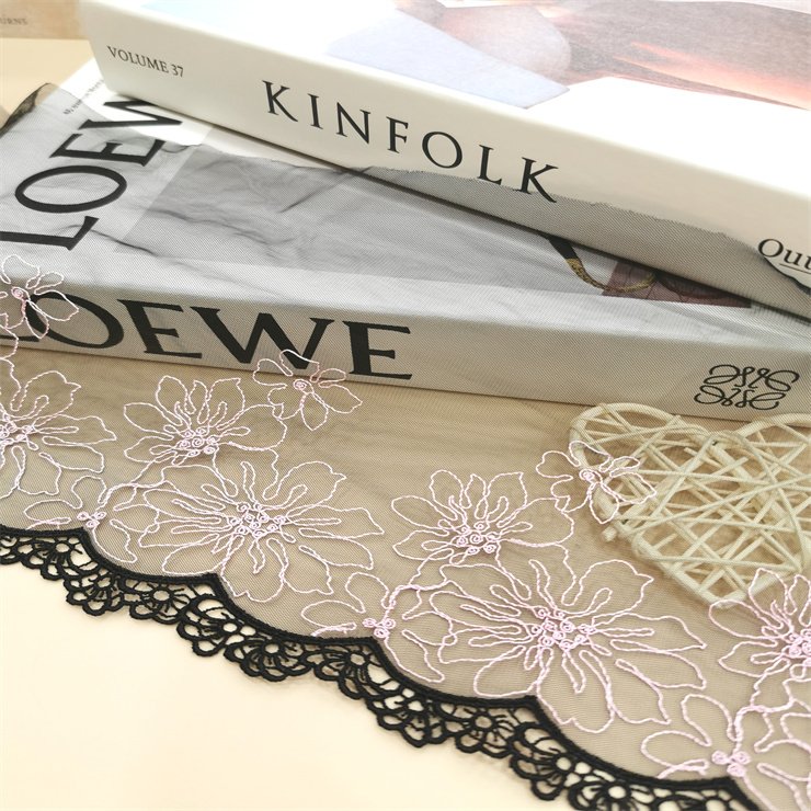 High Quality Fashion 21cm wide Embroidered Flower Black mesh Lace trim for women lingerie underwear