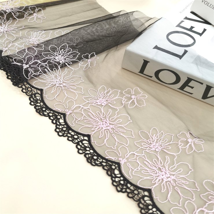 High Quality Fashion 21cm wide Embroidered Flower Black mesh Lace trim for women lingerie underwear