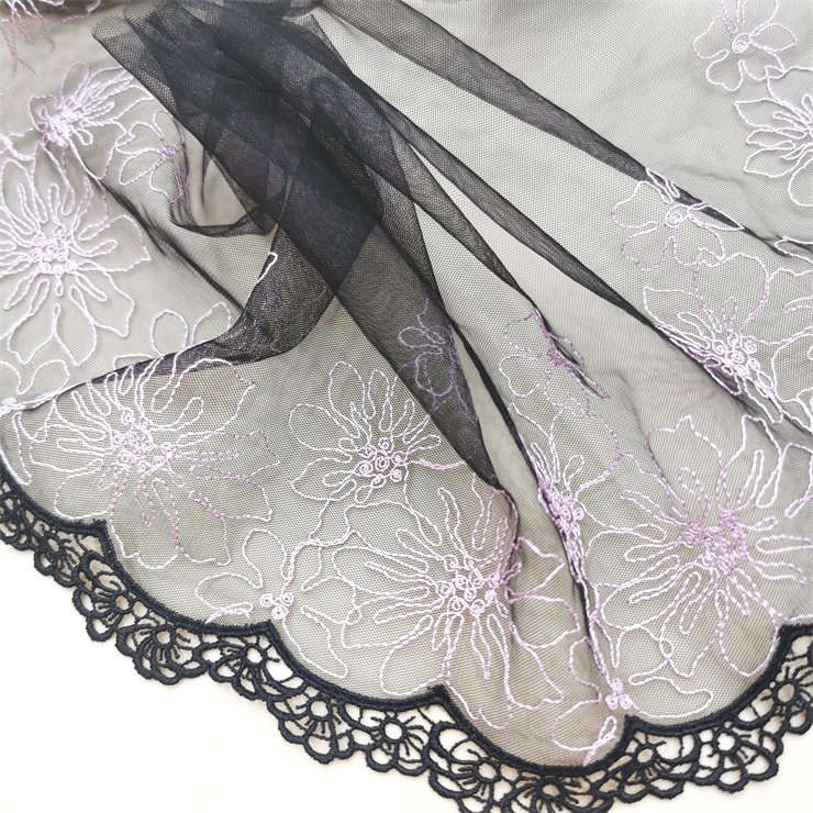 High Quality Fashion 21cm wide Embroidered Flower Black mesh Lace trim for women lingerie underwear