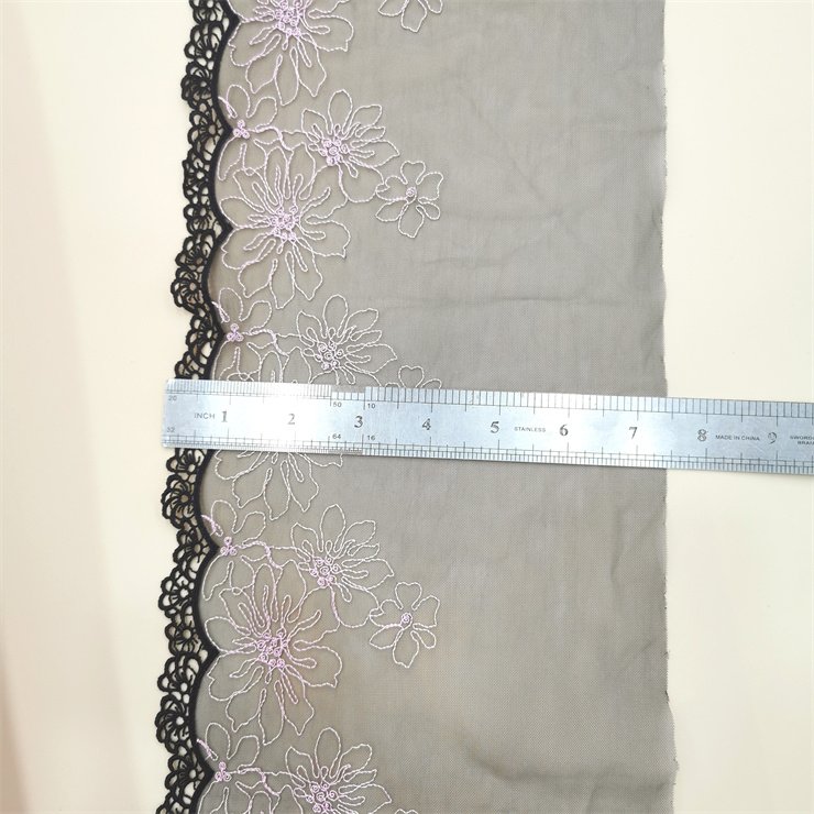 High Quality Fashion 21cm wide Embroidered Flower Black mesh Lace trim for women lingerie underwear