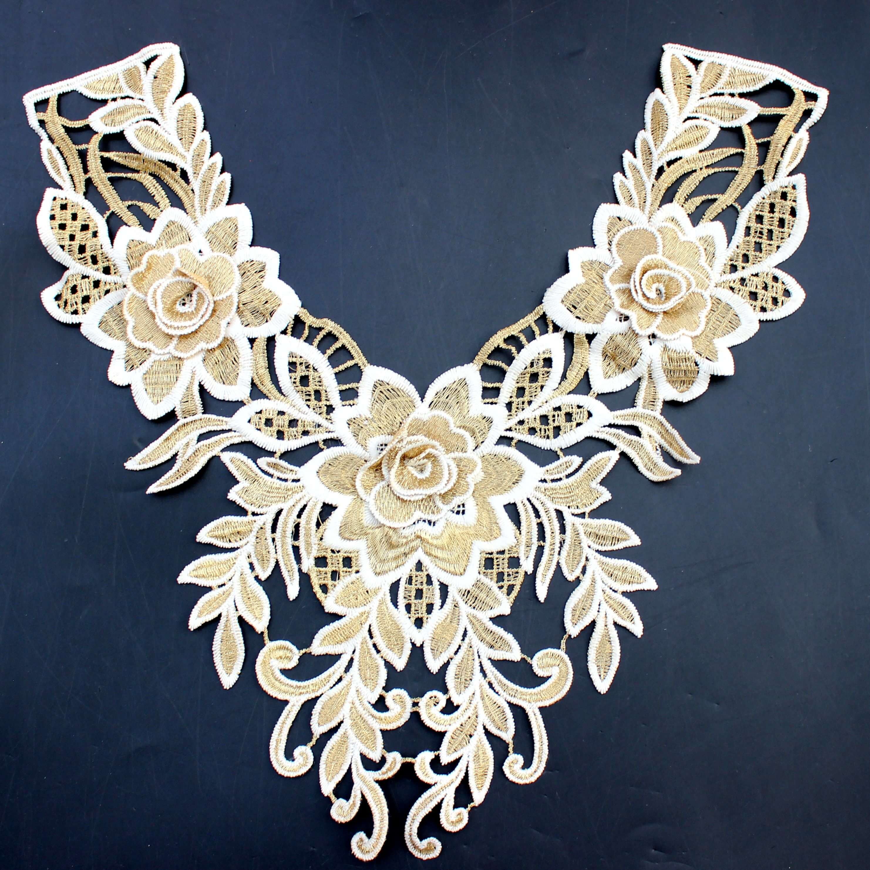 Zeal White Gold Lace Fabric Embroidered Cotton Neckline Collar Patchwork Applique Trim DIY Crafts Sewing Supplies Decorated